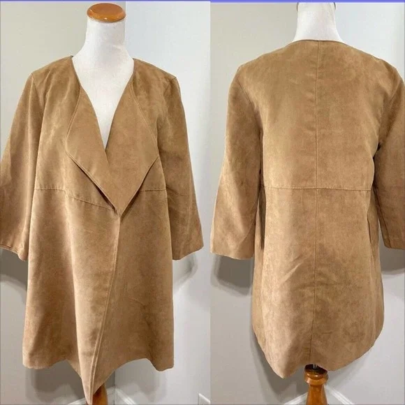H&M Size 6 Faux Suede Jacket Draped Camel 3/4 Slv Overcoat Lined Workwear Womens - Picture 2 of 9